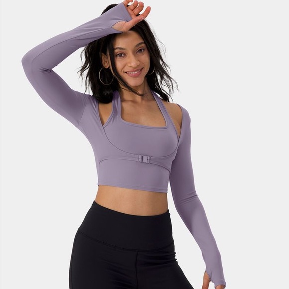 NWT Halara 2-in-1 Sport Cropped Halter Clip Front Long Sleeve w/ Thumb Hole - Picture 1 of 8